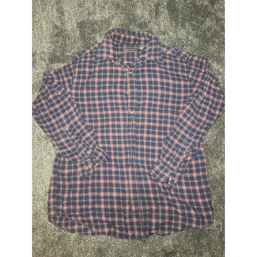 David Taylor Flannel Shirt Mens Large Blue Red Plaid 100% Cotton Button Up
